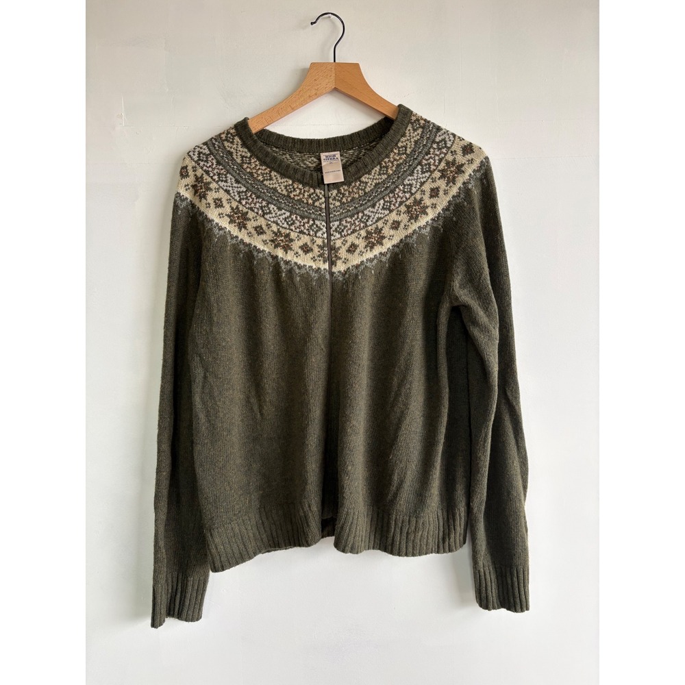 High Sierra Women XL Olive Green Fair Isle Beaded Zip Front Ramie Wool Cardigan